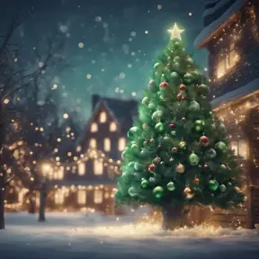 A large green christamas tree in snow lit full of christmas decorations, 8k, Highly Detailed, Digital Painting, Photo Realistic, Sharp Focus, Octane Render, Unreal Engine, Volumetric Lighting