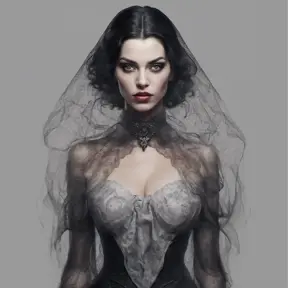 Alluring portrait of a beautiful raven black haired veiled vampire in the style of Stefan Kostic, 8k, High Definition, Highly Detailed, Intricate, Half Body, Realistic, Sharp Focus, Fantasy, Elegant