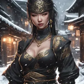 Mysterious beautiful armed kunoichi ninja wearing eyeliner and gold jewelry in the streets of a dark snowy town, 8k, Intricate Details, Trending on Artstation, Beautiful, Stunning, Centered by Stanley Artgerm Lau, WLOP