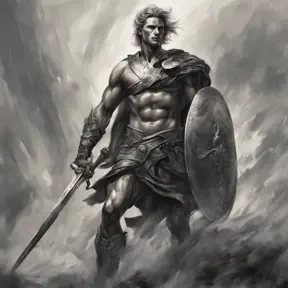 Achilles emerging from the fog of battle, Highly Detailed, Color Splash, Ink Art, Fantasy, Dark by Stanley Artgerm Lau