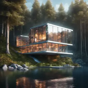 Beautiful futuristic architectural glass house in the forest on a large lake, 8k, Award-Winning, Highly Detailed, Beautiful, Epic, Octane Render, Unreal Engine, Radiant, Volumetric Lighting by Leonid Afremov