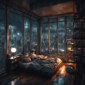 Beautiful cozy, tiny, cramped bedroom with floor to ceiling glass windows overlooking a cyberpunk city at night, view from top of skyscraper, bookshelves, thunderstorm outside with torrential rain, 8k, Highly Detailed, Photo Realistic, Dark, Gloomy