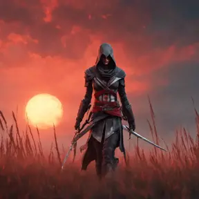 Female assassin creed emerging from a batte field. Sky is colored by a red sun set., 8k, Dystopian, Trending on Artstation, Volumetric Lighting