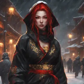 Mysterious beautiful kunoichi ninja wearing black, red, and gold jewelry in the streets of a dark snowy town in russia, 8k, Intricate Details, Trending on Artstation, Red Hair by Stanley Artgerm Lau, WLOP