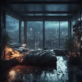 Beautiful cozy bedroom with floor to ceiling glass windows overlooking a cyberpunk city at night, thunderstorm outside with torrential rain, High Resolution, Highly Detailed, Darkwave, Gloomy