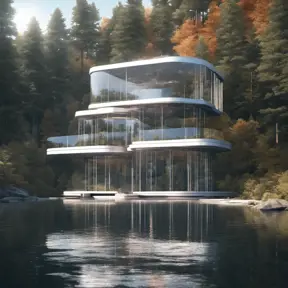 Beautiful futuristic architectural glass house in the forest on a large lake, 8k, Award-Winning, Highly Detailed, Beautiful, Epic, Octane Render, Unreal Engine, Radiant, Volumetric Lighting by Frank Lloyd Wright