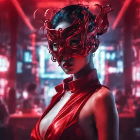 Asian cyberpunk feme fatale in expensive red dress with mask at a masquerade ball smart but dangerous in a high-tech club., Cyberpunk, Photo Realistic