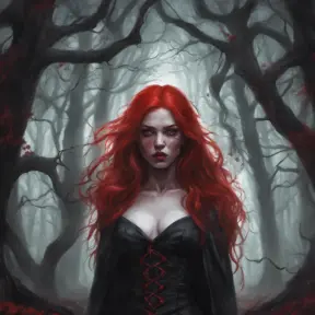 Red haired vampire in a haunted forest, Highly Detailed, Intricate, Gothic, Volumetric Lighting, Fantasy, Dark by Stanley Artgerm Lau