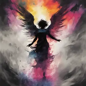 Silhouette of an Angel emerging from the fog of war, ink splash, Highly Detailed, Vibrant Colors, Ink Art, Fantasy, Dark by Stanley Artgerm Lau