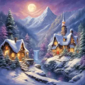 Charming fairy tale village, snow-covered decorated Christmas trees, warm inviting cabin, snowflakes, mountains with waterfall, soft light far-away full moon, glitter, stars, stardust, electric blue and purple sky, Digital Painting, Sharp Focus, Vibrant Colors, Hyper Realistic by Thomas Kinkade