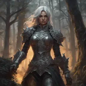 Ashen haired female paladin in a haunted forest, Highly Detailed, Intricate, Gothic, Volumetric Lighting, Fantasy, Dark by Stanley Artgerm Lau