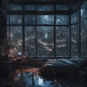 Beautiful cozy, tiny, cramped bedroom with floor to ceiling glass windows overlooking a cyberpunk city at night, view from top of skyscraper, bookshelves, thunderstorm outside with torrential rain, 8k, Highly Detailed, Photo Realistic, Dark, Gloomy