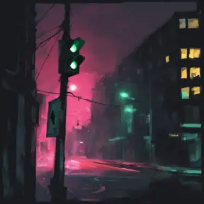 A simple bright trafficlight at a street corner at night, Dystopian, Digital Painting, Dark