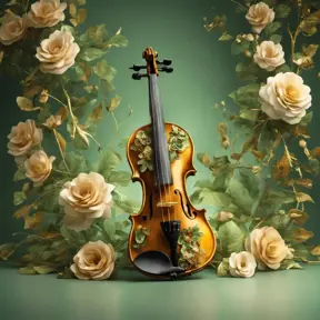 Vintage violin decorated all around with three-dimensional flowers and leaves in green and gold colors, beautiful and pleasant lighting, 8k, Intricate Details, Natural Light