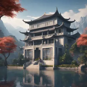 A gorgeous Chinese - style high - rise villa stands in the valley, luxurious majestic silver - grey blue antique palace, 8k, HD, High Definition, Trending on Artstation, Soft Lighting