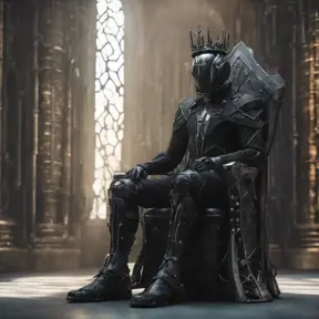 An ultrarrealistic distant   photograph of a futuristic medieval  king style  power suit, made of black mate  metal and polymer, full crystal hull, for a man, visible wires,  sitting in a throne, 8k, Dystopian, Elegant