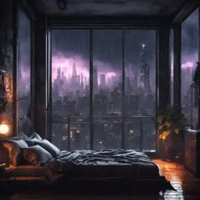 Beautiful cozy bedroom with floor to ceiling glass windows overlooking a cyberpunk city at night, thunderstorm outside with torrential rain, High Resolution, Highly Detailed, Darkwave, Gloomy