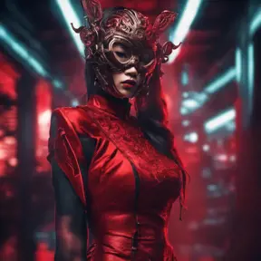 Asian cyberpunk feme fatale in expensive red dress with mask at a masquerade ball smart but dangerous in a high-tech club., Cyberpunk, Photo Realistic