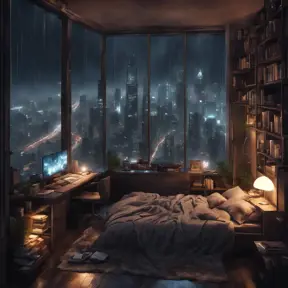 Beautiful cozy, tiny, cramped bedroom with floor to ceiling glass windows overlooking a cyberpunk city at night, view from top of skyscraper, bookshelves, thunderstorm outside with torrential rain, 8k, Highly Detailed, Photo Realistic, Dark, Gloomy