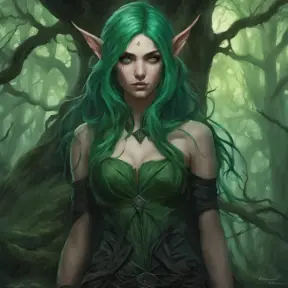 Green haired half-elf in a haunted forest, Highly Detailed, Intricate, Gothic, Volumetric Lighting, Fantasy, Dark by Stanley Artgerm Lau