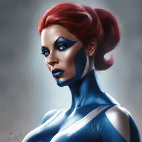 Alluring matte portrait of a beautiful Mystique from Xmen in the style of Stefan Kostic, 8k, Highly Detailed, Intricate, Half Body, Realistic, Sharp Focus, Volumetric Lighting, Fantasy, Elegant by Stanley Artgerm Lau, Greg Rutkowski