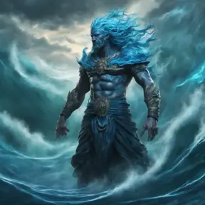 A celestial Blue-skinned God of the Seas, Storms, and Exploring emanating power of the seas, wearing half-leather, shrouded in storms in the style of digital art, 8k, Fantasy