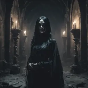 Female ghost with raven hair and black eyest in a creepy castle at night, 8k, Dystopian, Dark