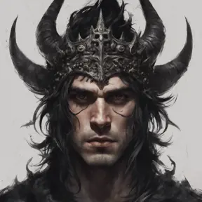 Head of a man with black hair wearing a horned crown, 4k resolution, Ultra Detailed, Closeup of Face, Gothic and Fantasy, Gothic, Horns, Large Eyes, Strong Jaw