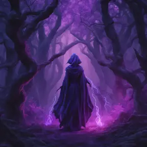 A mysterious witch cloaked in purple chaos energy, standing in a dark forest of salix trees, glowing with a powerful energy, 8k, High Definition, Highly Detailed, Trending on Artstation, Darkwave, Epic, Isometric, Cinematic Lighting, Smooth, 3D Rendering, Octane Render, Vibrant Colors, Ominous by Stanley Artgerm Lau, Zdzislaw Beksinski, H. R. (Hans Ruedi) Giger