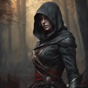 Assassin's creed female assassin in a haunted forest, Highly Detailed, Intricate, Gothic, Volumetric Lighting, Fantasy, Dark by Stanley Artgerm Lau