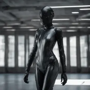 An ultrarealistic photograph of a minimalist futuristic full body power suit, without lights, made of black mate metal and polymer, full crystal hull, for a fit imposing woman, 8k, Dystopian, Modern, Minimalism, Elegant, Dark