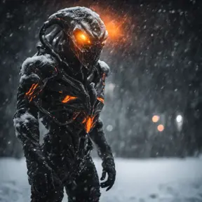 A alien soldier monster, distant full body portrait in a landscape, wearing black white orange lights, during a snow storm,,,ice, cold, dark lighting, depth of field, in a cold snowstorm, outdoors, night,, Intricate Details