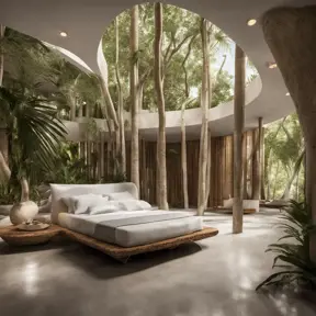 Envision a Zaha Hadid-styled, environmentally-conscious villa nestled within the bustling modern architecture of Tulum, Quintana Roo. As you approach from the entrance, the street view reveals a facade adorned with a vertical bamboo lattice, gracefully contrasting with the stone finish. Large overhangs hint at the interior's coolness, and the surrounding trees whisper tales of nature's embrace, Award-Winning, Intricate Details