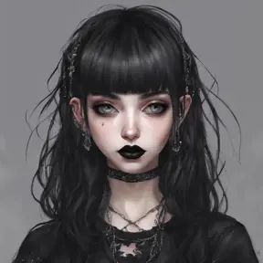 E-girl, fully body, black hair, bangs hairstyle, pale skin, high detail, highly detailed, digital painting, blank background, black fingernails on fingers, black lipstick, 8k, Gothic and Fantasy, Trending on Artstation