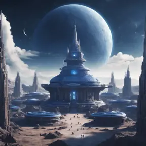 Distant view of a large round indigo temple in the center of a futuristic community. Extraterrestrial landscape. The moon and stars can be seen in the sky even during the day., 8k, Sci-Fi