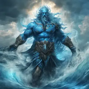 A celestial Blue-skinned God of the Seas, Storms, and Exploring emanating power of the seas, wearing half-leather, shrouded in storms in the style of digital art, 8k, Fantasy