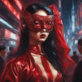 Asian cyberpunk feme fatale in expensive red dress with mask at a masquerade ball smart but dangerous in a high-tech club., Oil on Canvas, Photo Realistic