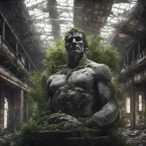 Close up, top view of a huge stone statue broken into pieces inside an abandoned warehouse overgrown inside abandonated factory, big rocks,, 8k, Gothic and Fantasy, Beautiful, Sci-Fi, Photo Realistic by Greg Rutkowski