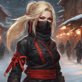 Mysterious beautiful kunoichi ninja wearing black, red and gold in the streets of a dark snowy town in russia, 8k, Intricate Details, Trending on Artstation, Blonde Hair by Stanley Artgerm Lau, WLOP