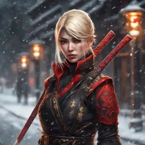 Mysterious beautiful kunoichi ninja wearing black, red and gold in the streets of a dark snowy town in russia, 8k, Intricate Details, Trending on Artstation, Blonde Hair by Stanley Artgerm Lau, WLOP