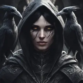 Intricate portrait of a horrifying pale assassin dusk elf, black hair, black eyes, fully covering black hooded armor, ravens, 8k, Gothic and Fantasy, Beautiful, Sci-Fi, Photo Realistic