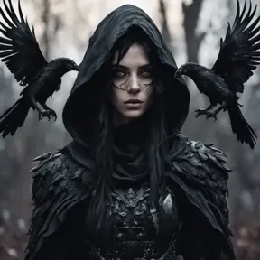 Intricate portrait of a horrifying pale assassin dusk elf, black hair, black eyes, fully covering black hooded armor in an apocalytpic world with Ravens, 8k, Gothic and Fantasy, Beautiful, Sci-Fi, Photo Realistic