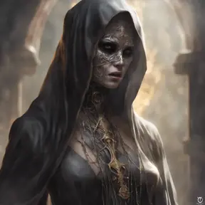 Veiled female necromancer, 8k, Gothic and Fantasy, Elden Ring, Photo Realistic, Dynamic Lighting by Stanley Artgerm Lau, Greg Rutkowski