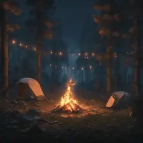 A highly detailed matte painting of a camp fire in the forest at night by studio ghibli, 4k resolution, Masterpiece, Trending on Artstation, Cyberpunk, Octane Render, Volumetric Lighting