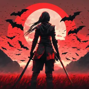 Back view of a female ninja on a bloody batte field. Flying bats in the sky that is colored by a red sun set, Dystopian, Volumetric Lighting