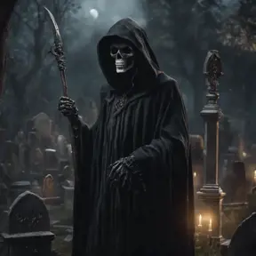 Portrait of the grim reaper in a graveyard, 8k, Gothic and Fantasy, Elden Ring, Photo Realistic, Dynamic Lighting by Greg Rutkowski