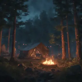 A highly detailed matte painting of a camp fire in the forest at night by studio ghibli, 4k resolution, Masterpiece, Trending on Artstation, Cyberpunk, Octane Render, Volumetric Lighting