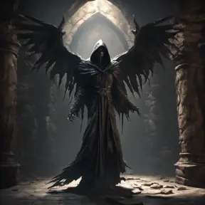 Hooded winged wraith in a dungeon, 8k, Gothic and Fantasy, Elden Ring, Photo Realistic, Dynamic Lighting by Greg Rutkowski