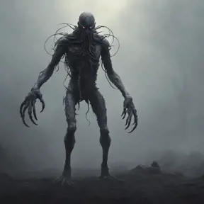 Humanoid creature eldritch horror, dark obscured by fog, full body shot, far away, 8k, Gothic and Fantasy, Beautiful, Sci-Fi, Photo Realistic