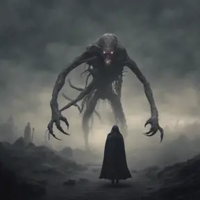 Humanoid creature eldritch horror, dark obscured by fog, full body shot, far away, 8k, Gothic and Fantasy, Beautiful, Sci-Fi, Photo Realistic